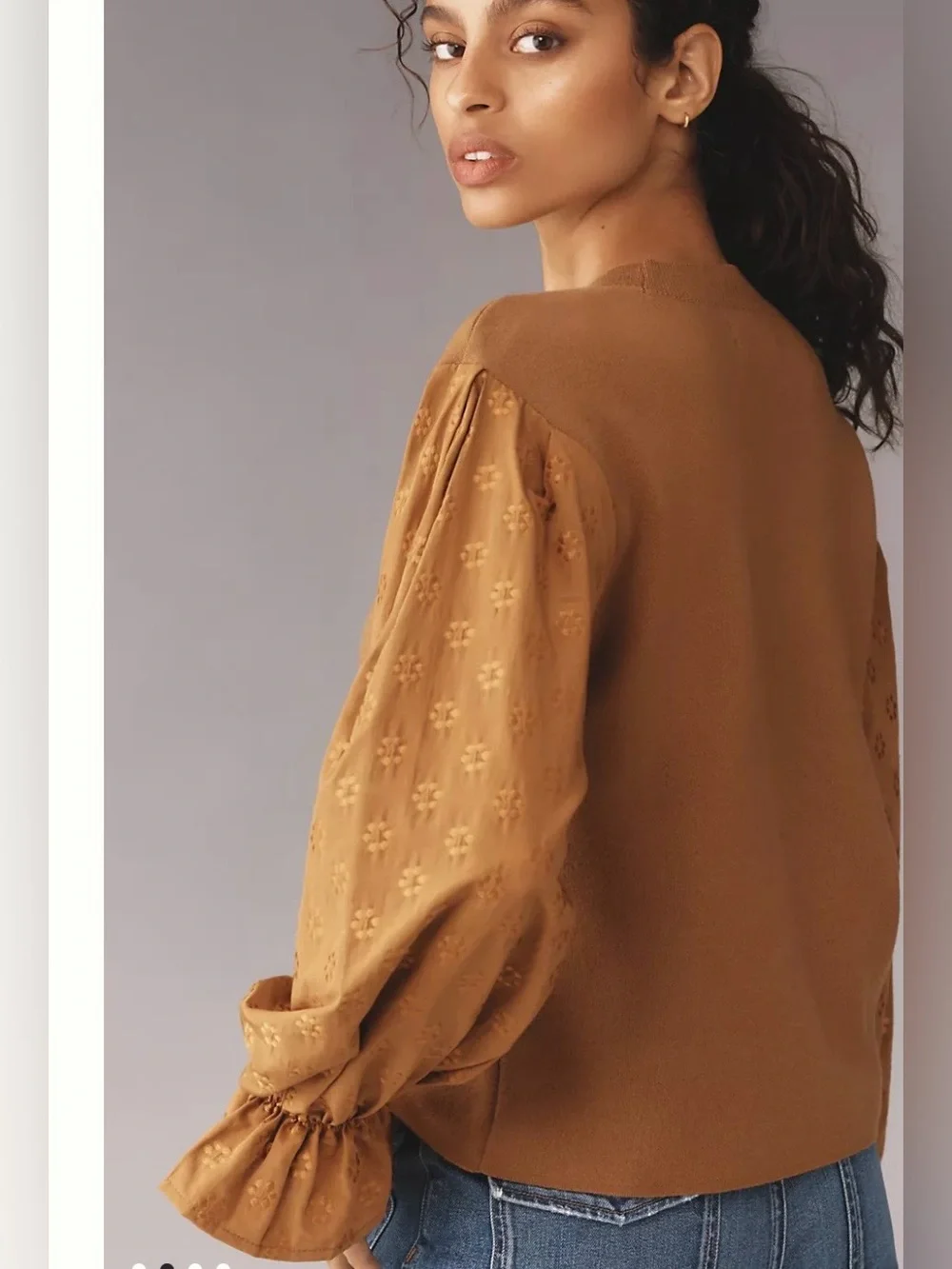 Anthropologie Mixed Media Eyelet Puff Sleeve Sweater Size L - Picture 2 of 9